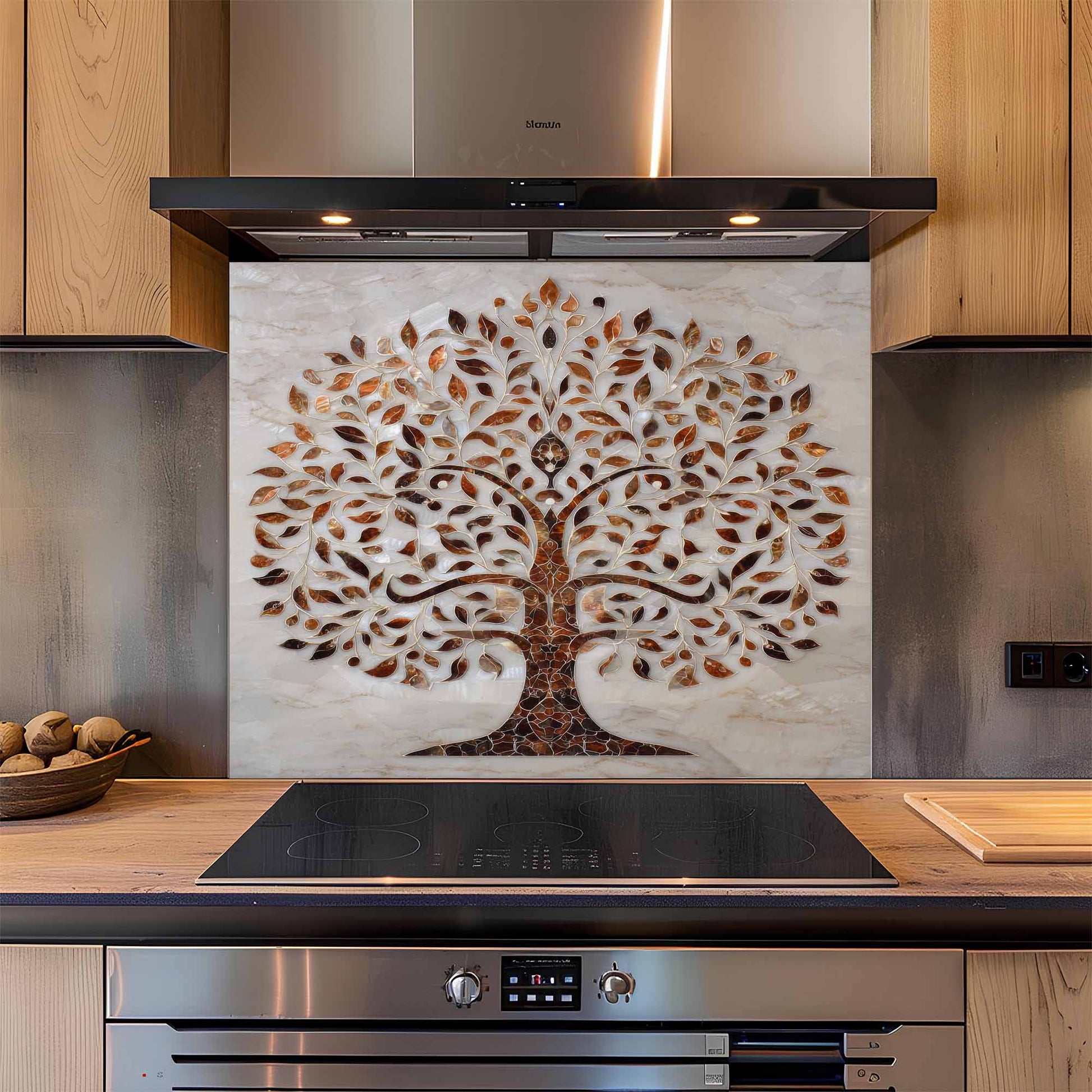 Modern kitchen with a decorative tree glass backsplash.
