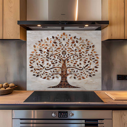 Modern kitchen with a decorative tree glass backsplash.