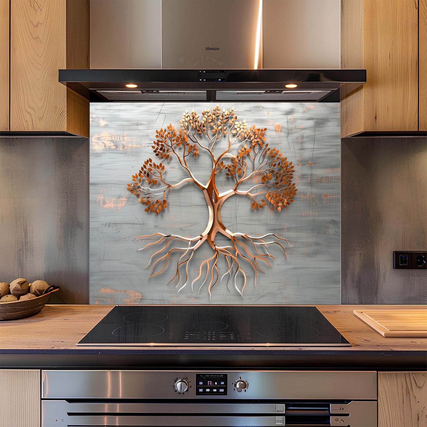 Kitchen with a decorative backsplash featuring a tree design.