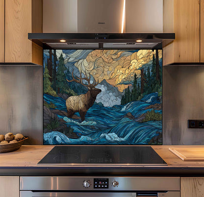 Decorative glass splashback with elk design in a kitchen setting