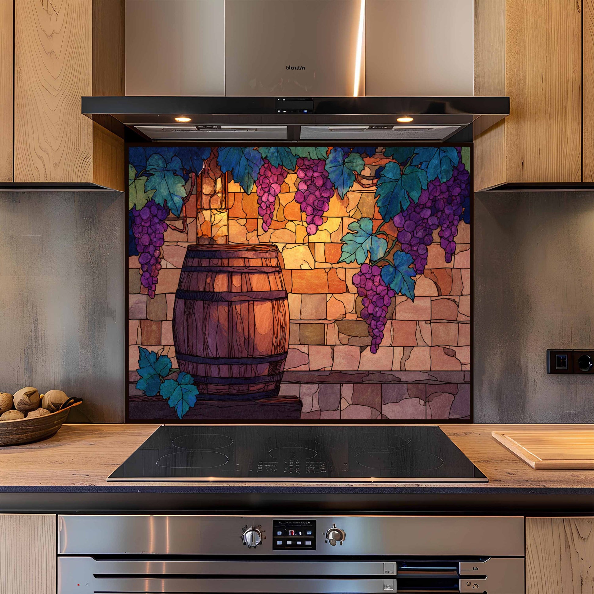Decorative glass splashback with wine barrel and grapes in a kitchen setting
