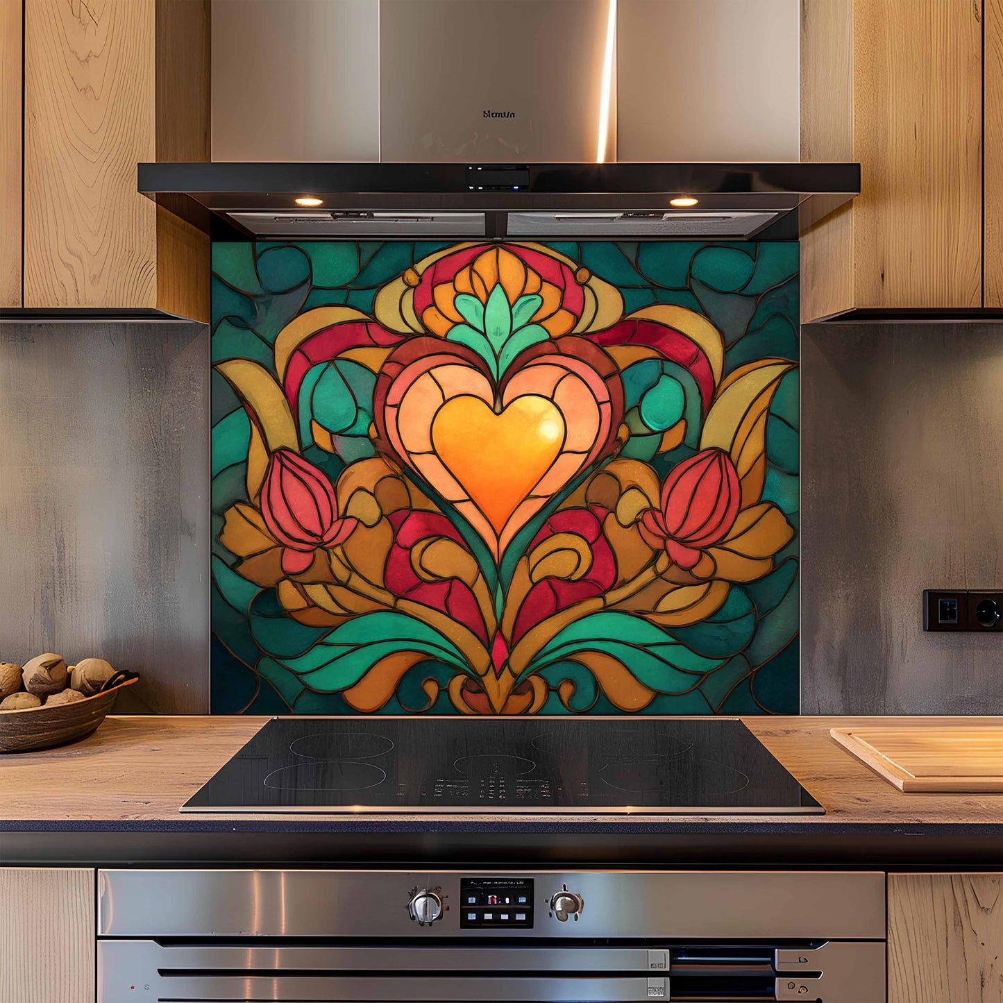 Decorative backsplash with heart and floral design in a modern kitchen