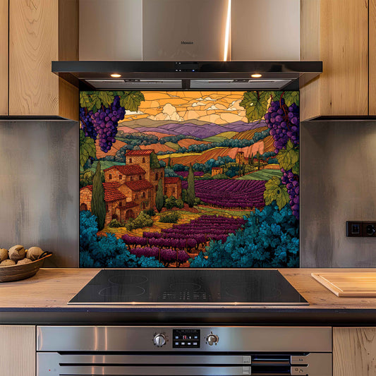 Decorative glass splashback with a vineyard scene in a modern kitchen.
