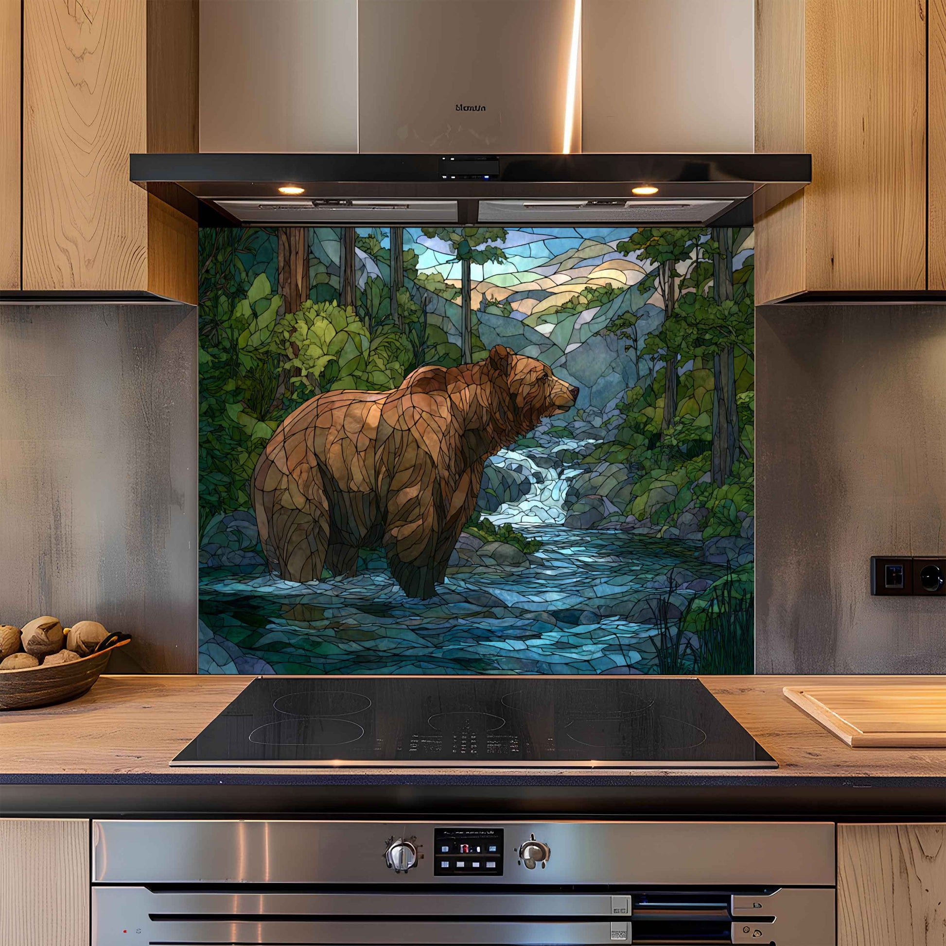 Kitchen with a decorative glass splashback featuring a bear and nature scene.