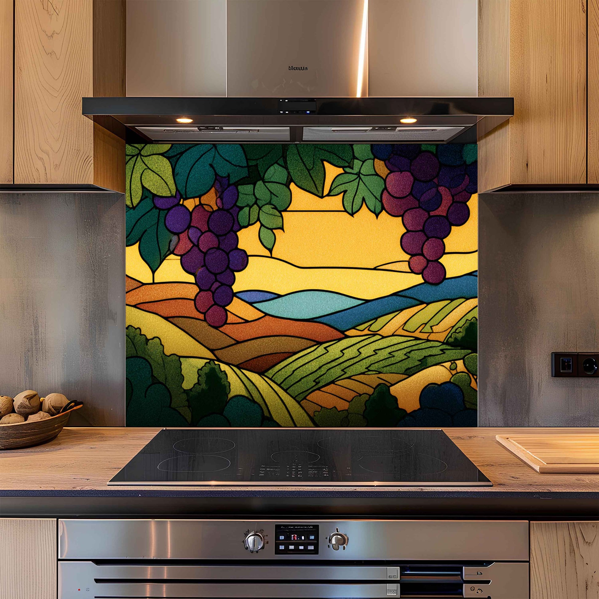 Kitchen with a decorative backsplash featuring a colorful landscape design.