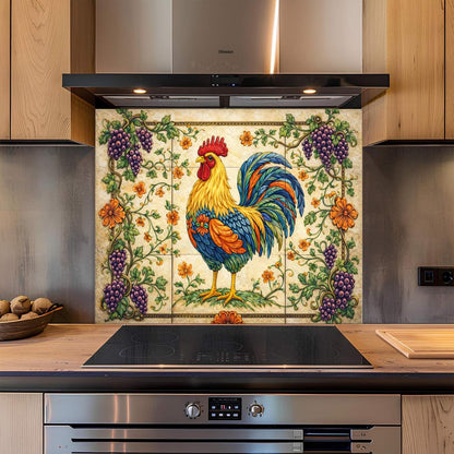 Decorative kitchen backsplash with a colorful rooster design on a tiled panel.