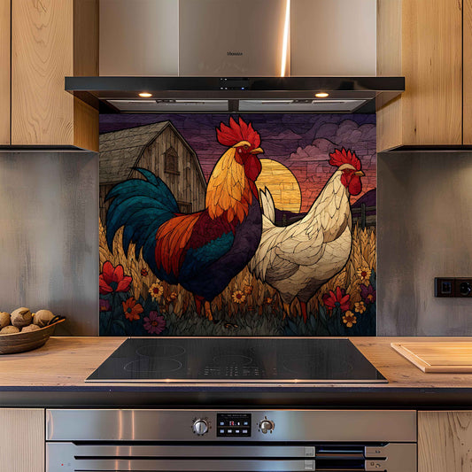 Kitchen with a decorative glass splashback featuring roosters and a barn.