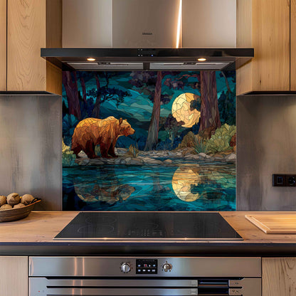 Kitchen with a decorative glass splashback featuring a bear and moonlit forest design.