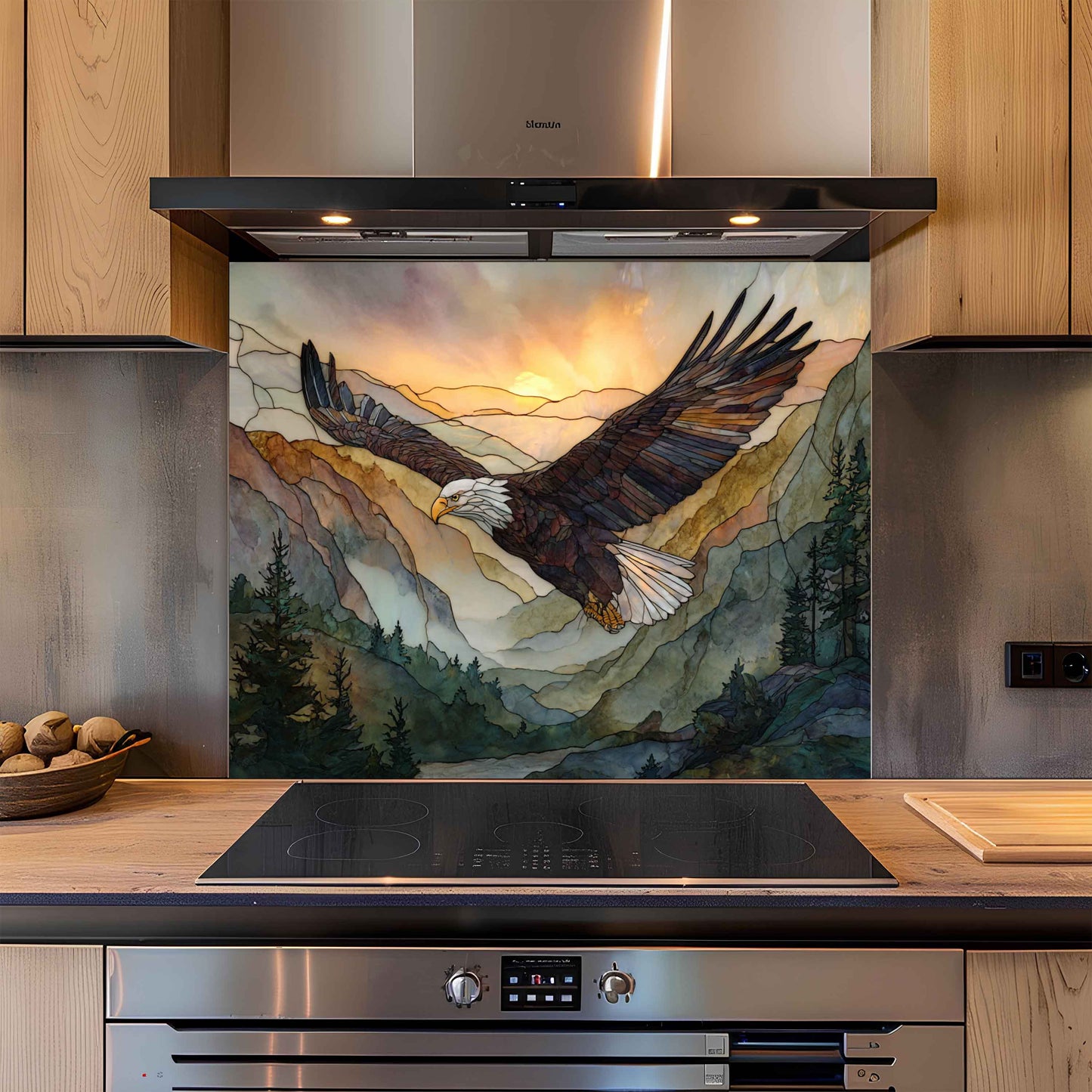 Kitchen with a decorative backsplash featuring an eagle and mountain scene.