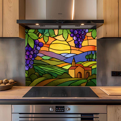 Kitchen with a decorative glass splashback featuring a vineyard scene.