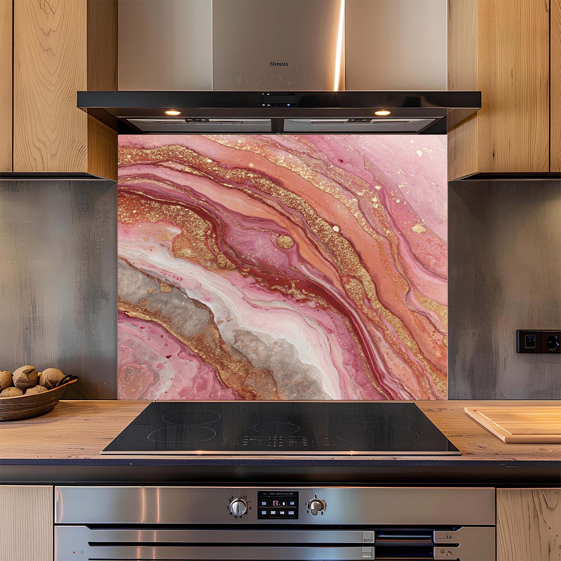 Kitchen with a pink and gold marbled look glass backsplash