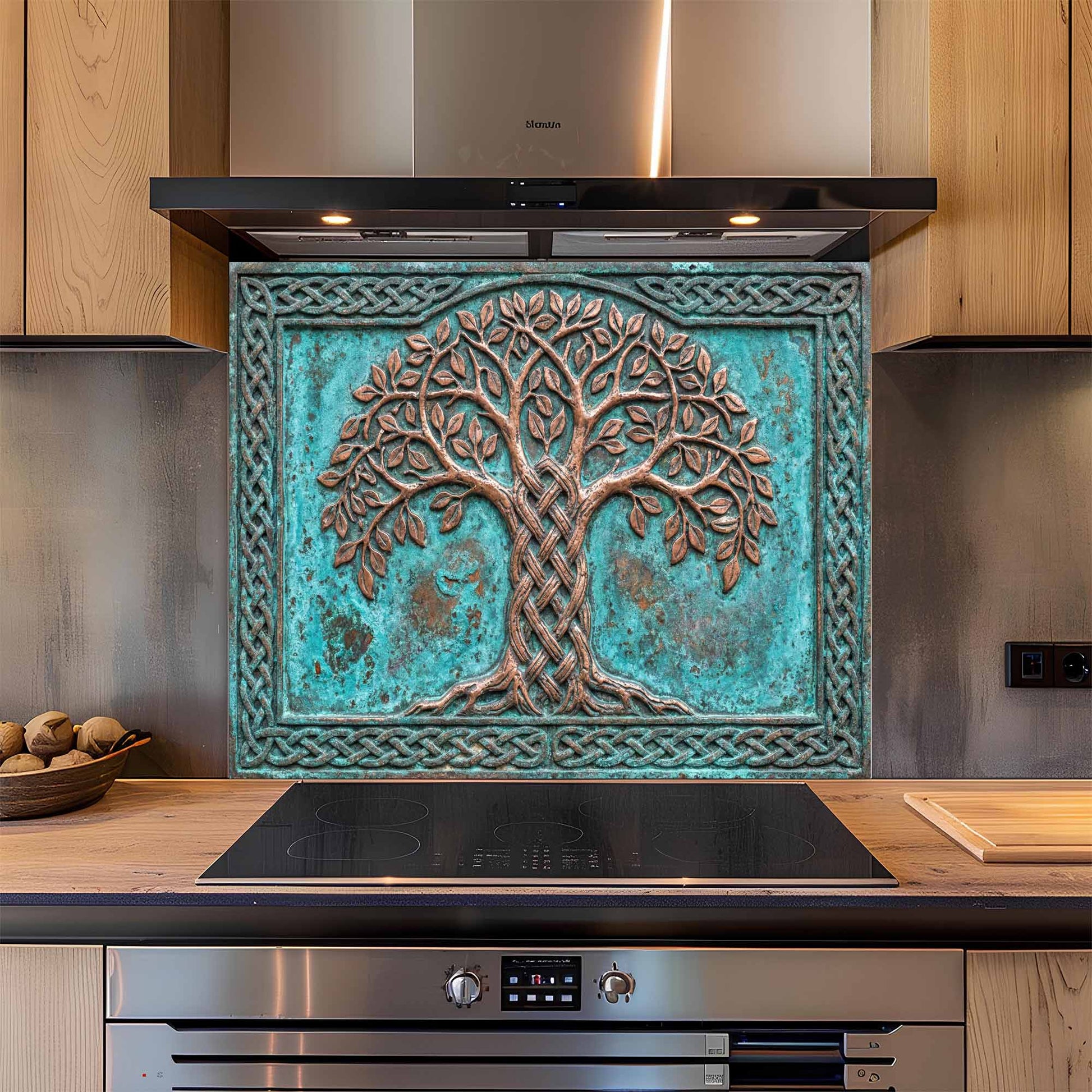 Decorative glass backsplash with tree design in a modern kitchen