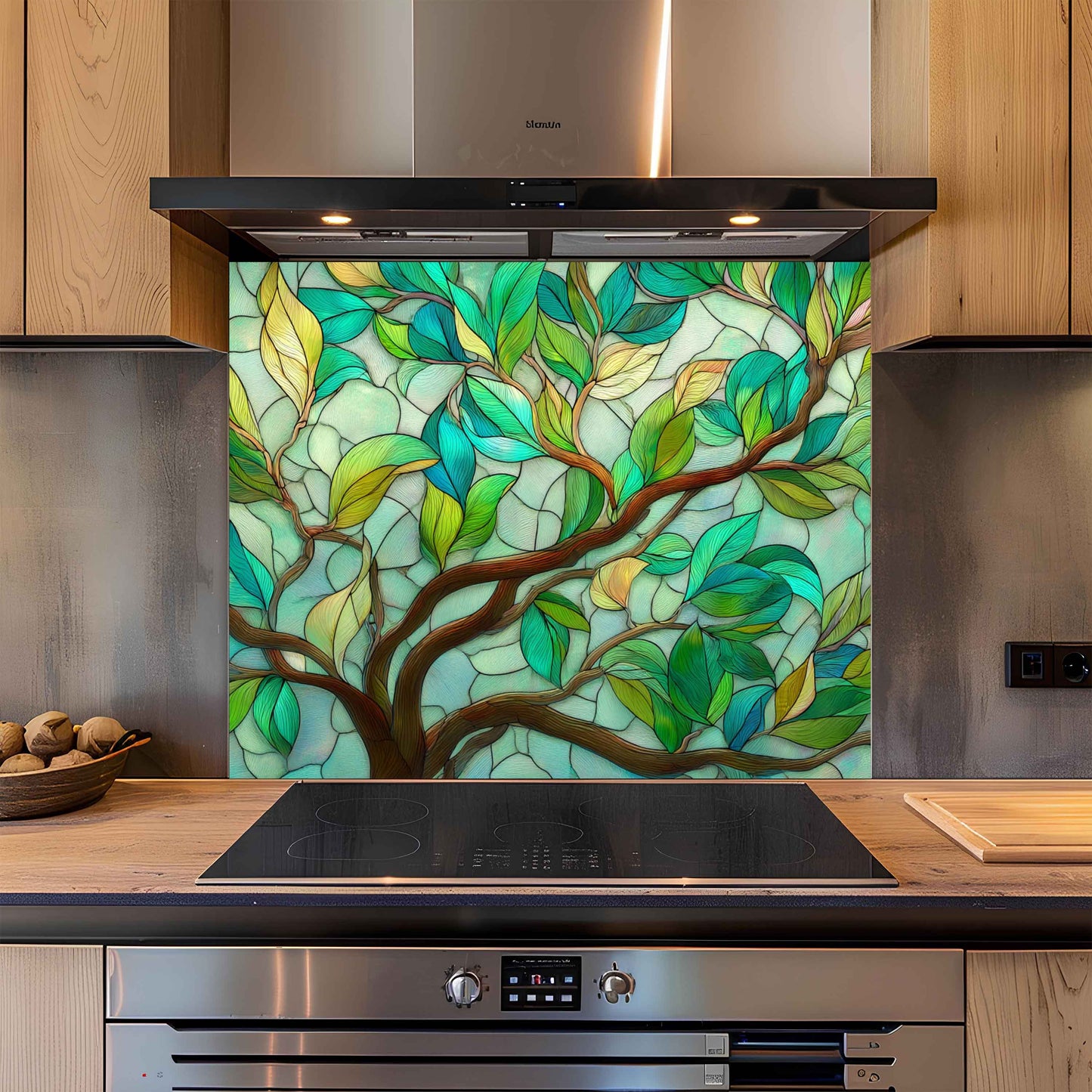 Kitchen with a decorative glass splashback featuring a tree design.
