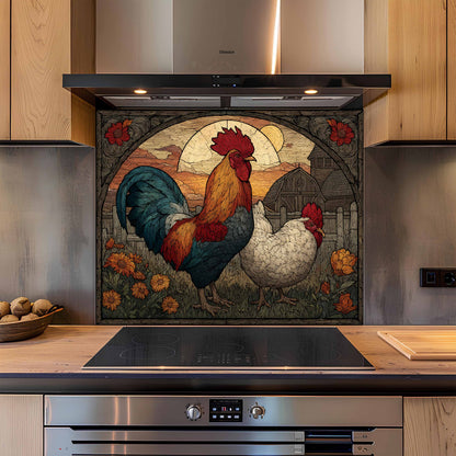 Decorative glass splashback with rooster and hen design in a kitchen setting.