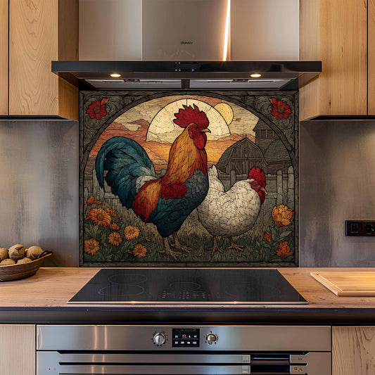 Decorative glass splashback with rooster and hen design in a kitchen setting.