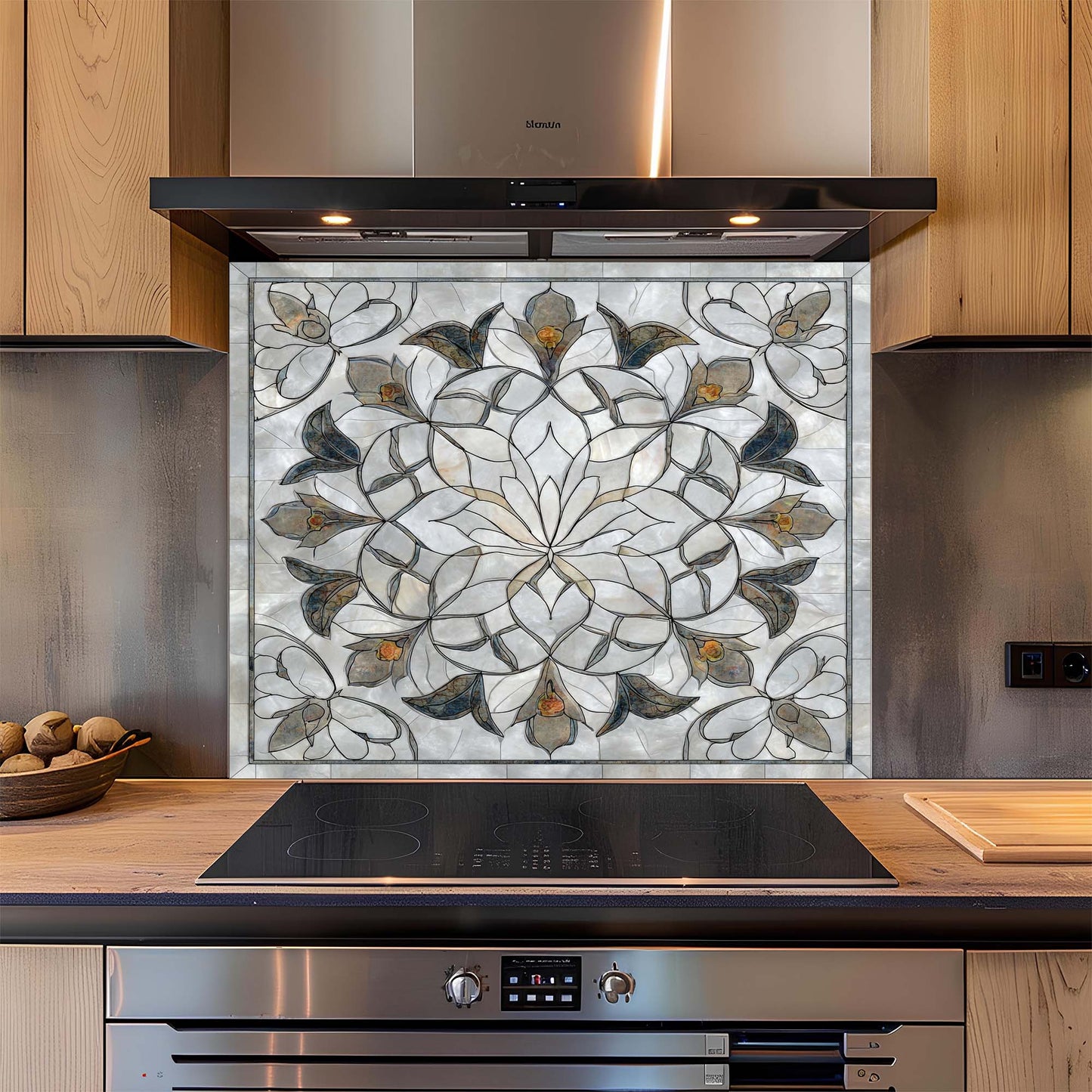 Decorative glass splashback with floral pattern in a modern kitchen