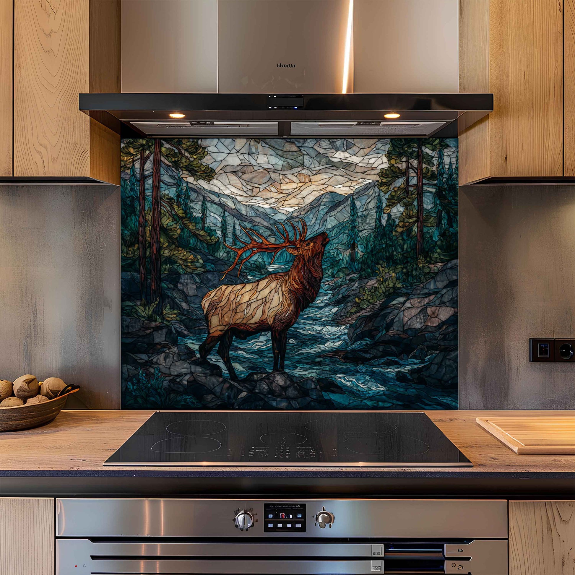 Decorative glass splashback with elk design in a modern kitchen