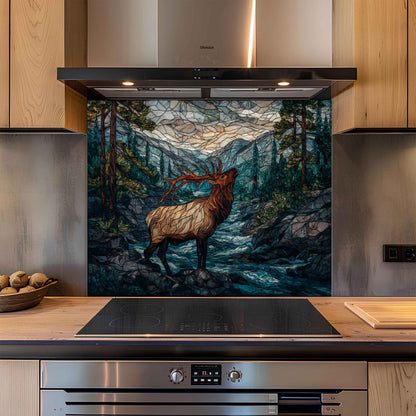 Decorative glass splashback with elk design in a modern kitchen