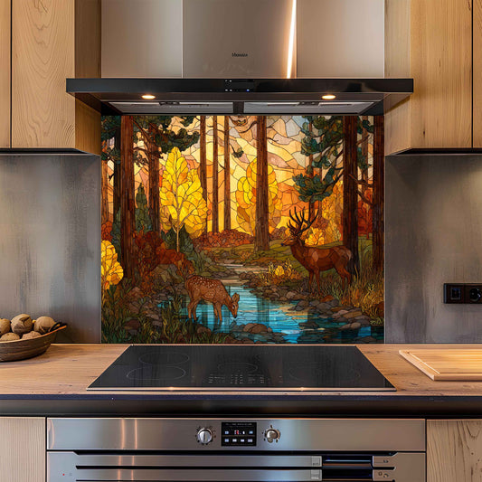 Kitchen with a decorative glass splashback featuring a forest scene with deer.