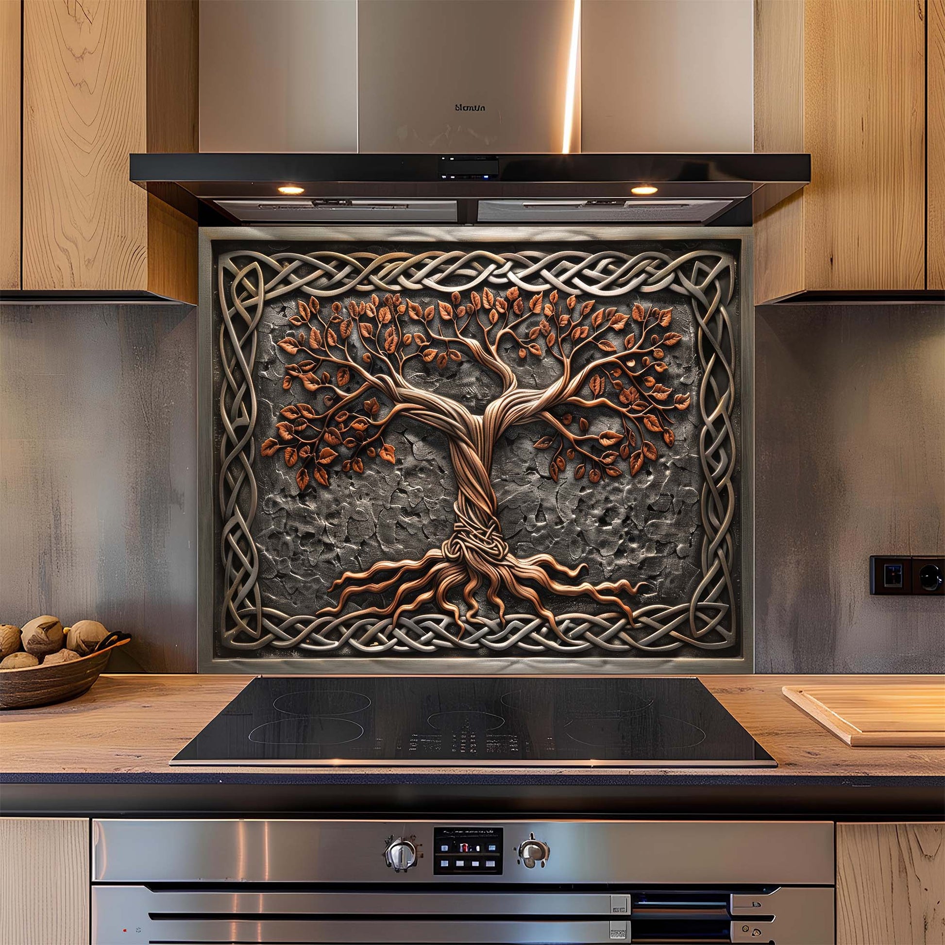 Decorative glass backsplash with tree design in a modern kitchen