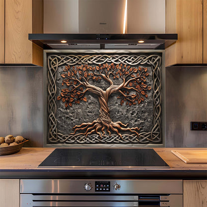 Decorative glass backsplash with tree design in a modern kitchen
