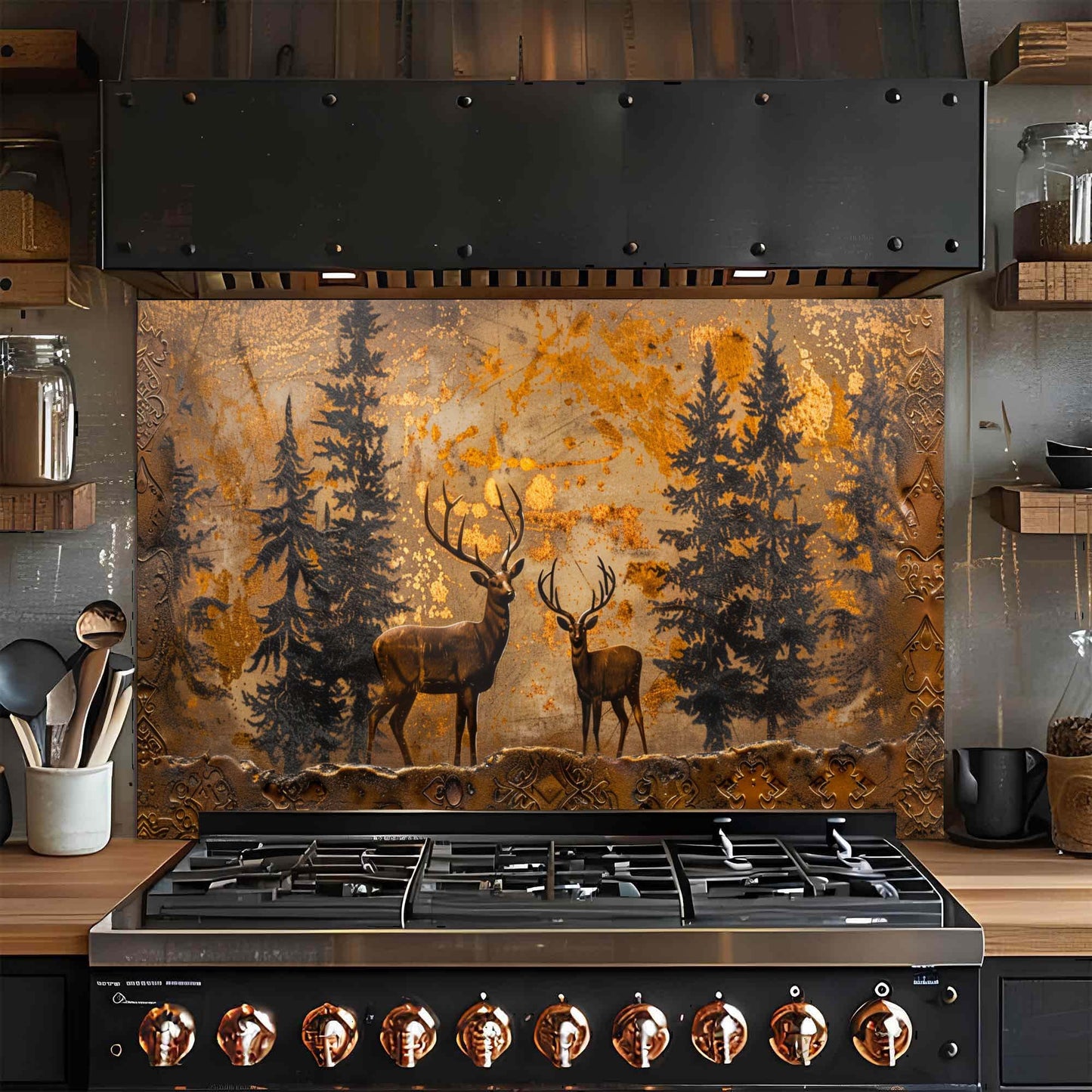 Stainless steel stove with decorative deer glass backsplash on the wall in a kitchen setting.