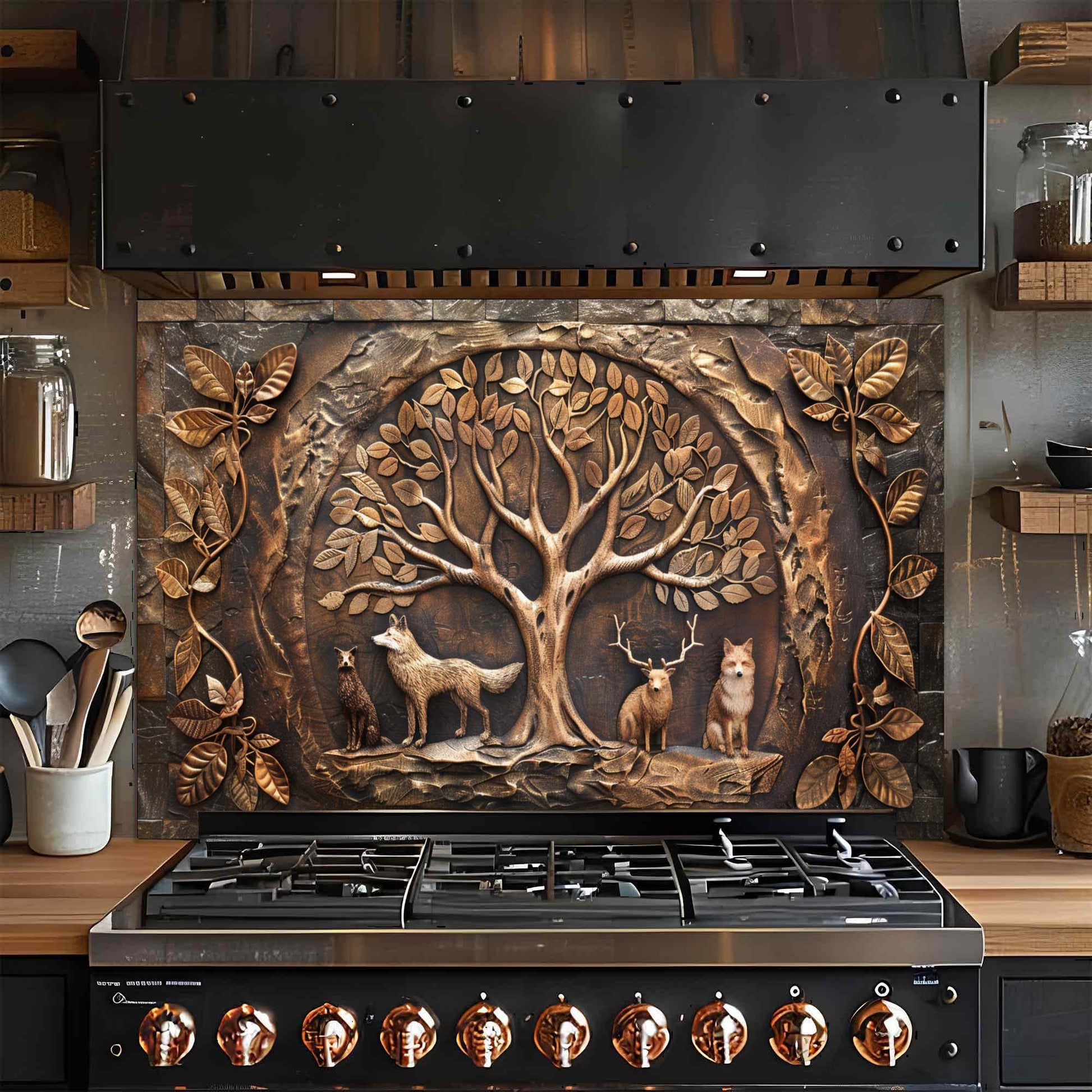 Decorative glass backsplash with a tree and animals above a stove in a kitchen.