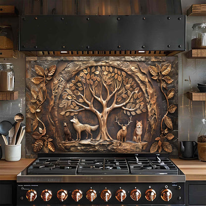 Decorative glass backsplash with a tree and animals above a stove in a kitchen.