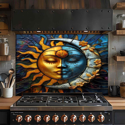 Decorative glass backsplash with sun and moon design above a stove in a kitchen.