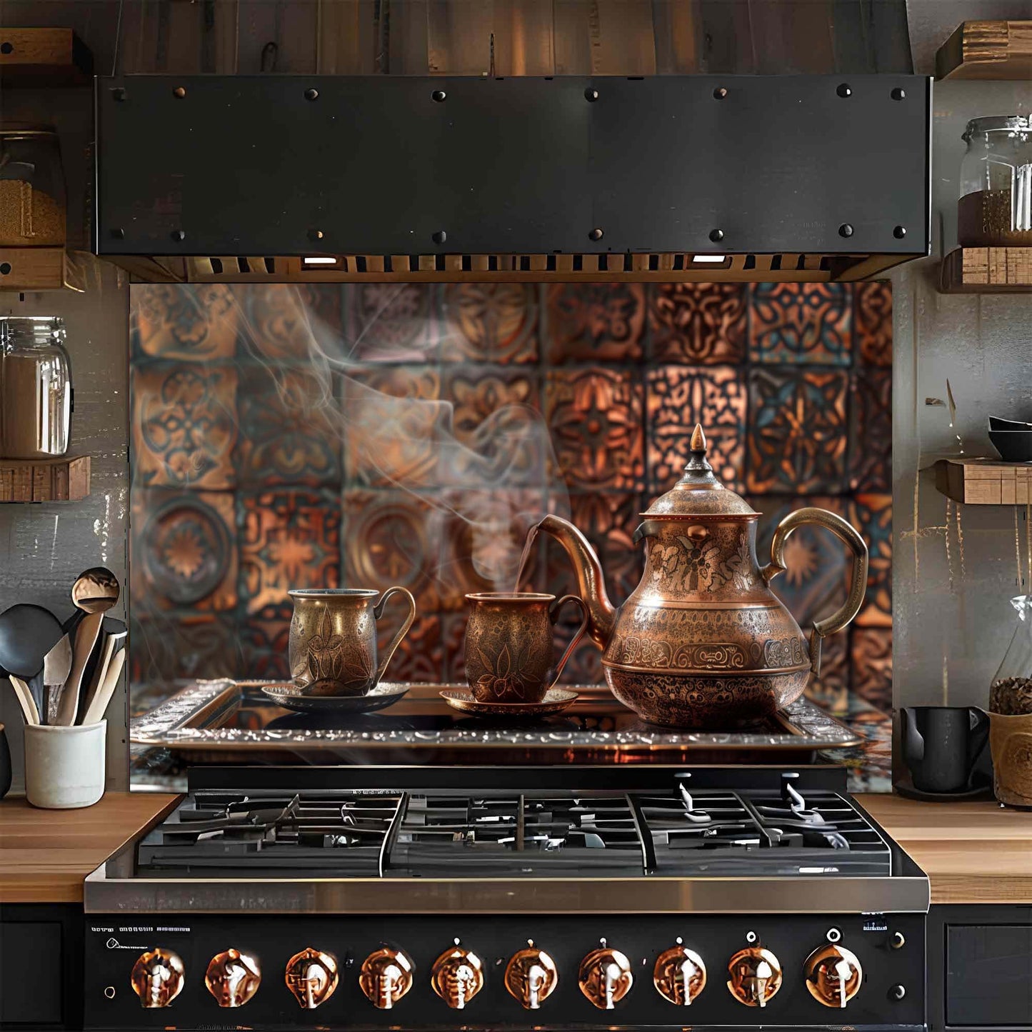 Stainless steel stove with copper knobs glass backsplash in a kitchen setting with decorative tiles.