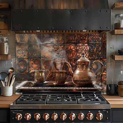 Stainless steel stove with copper knobs glass backsplash in a kitchen setting with decorative tiles.
