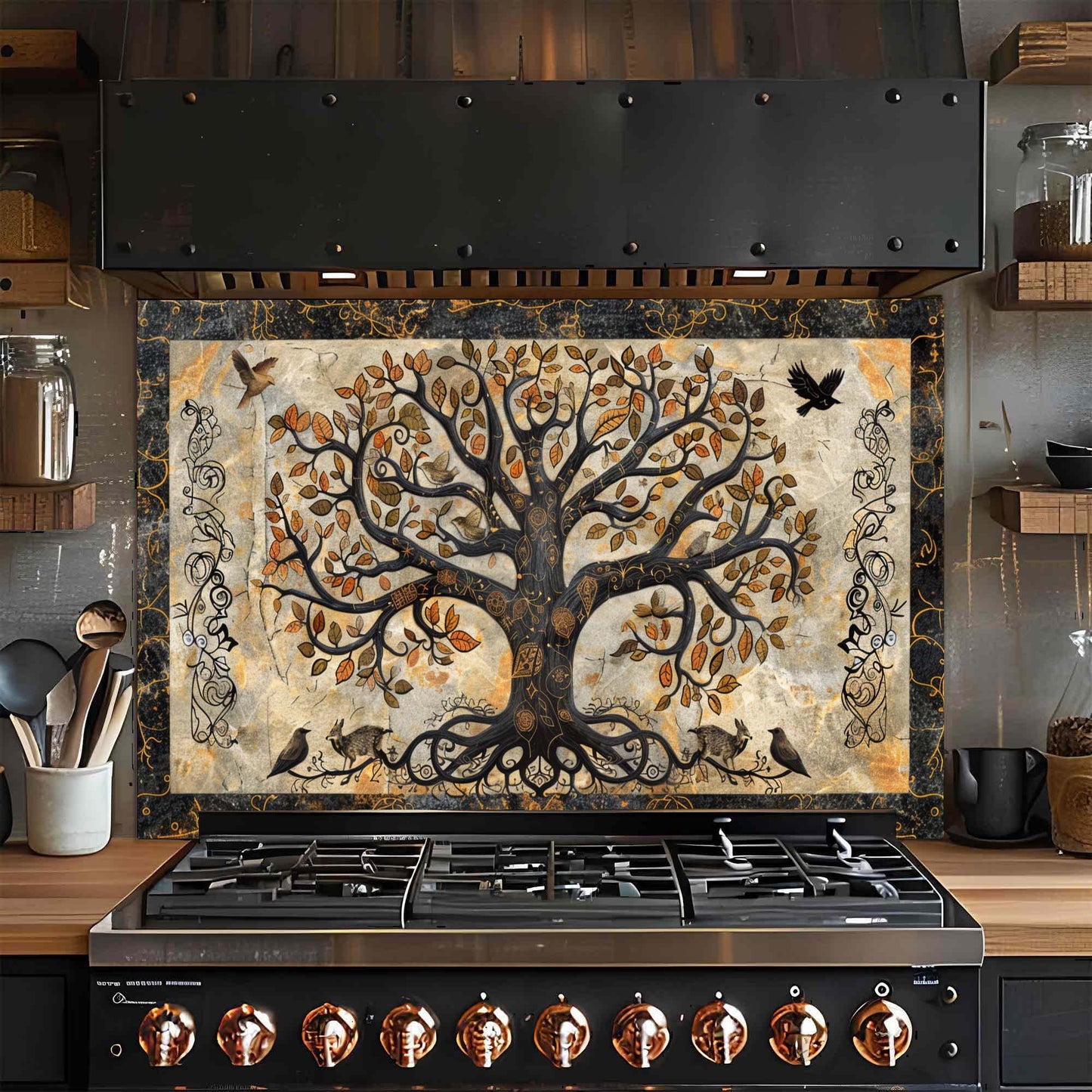 Decorative glass backsplash above a stove in a kitchen setting