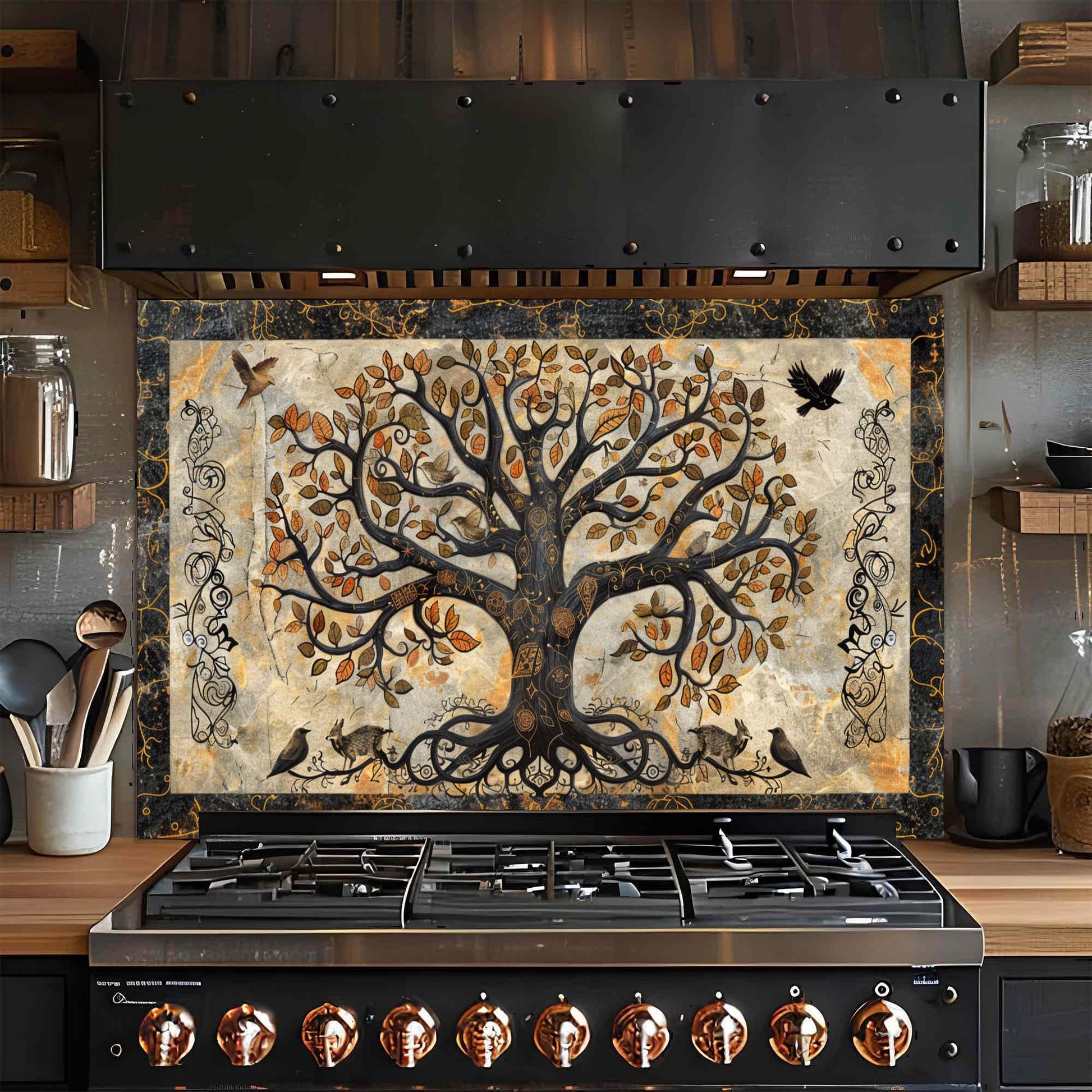 Decorative glass backsplash above a stove in a kitchen setting