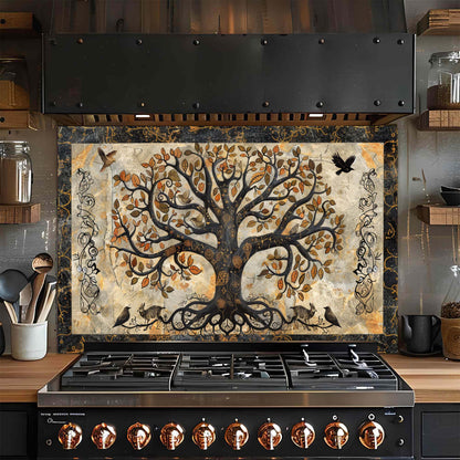 Decorative glass backsplash above a stove in a kitchen setting