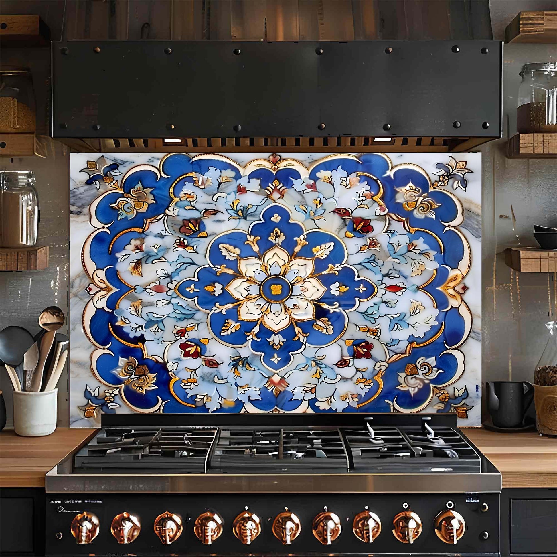Decorative glass backsplash with intricate blue and gold pattern above a stove in a kitchen.