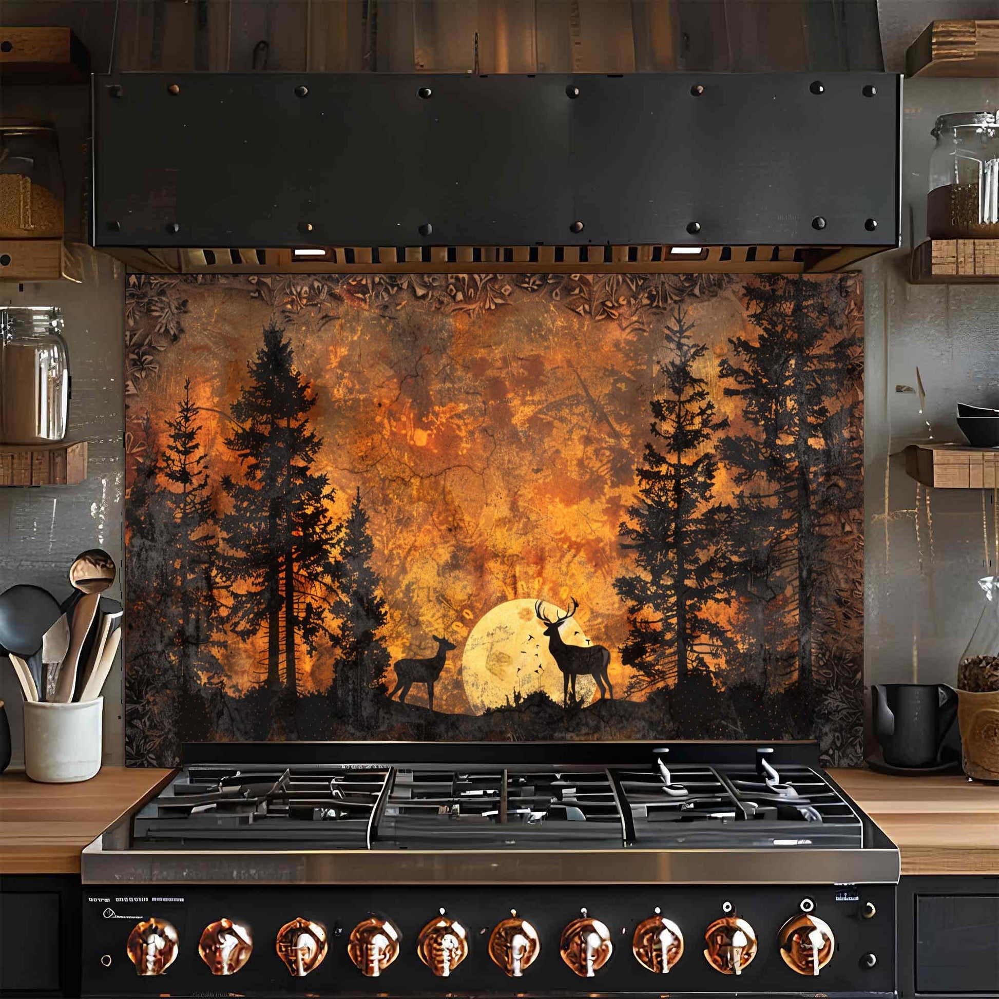 Stainless steel stove with artistic forest design on the glass backsplash in a kitchen setting.