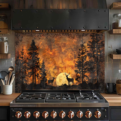 Stainless steel stove with artistic forest design on the glass backsplash in a kitchen setting.
