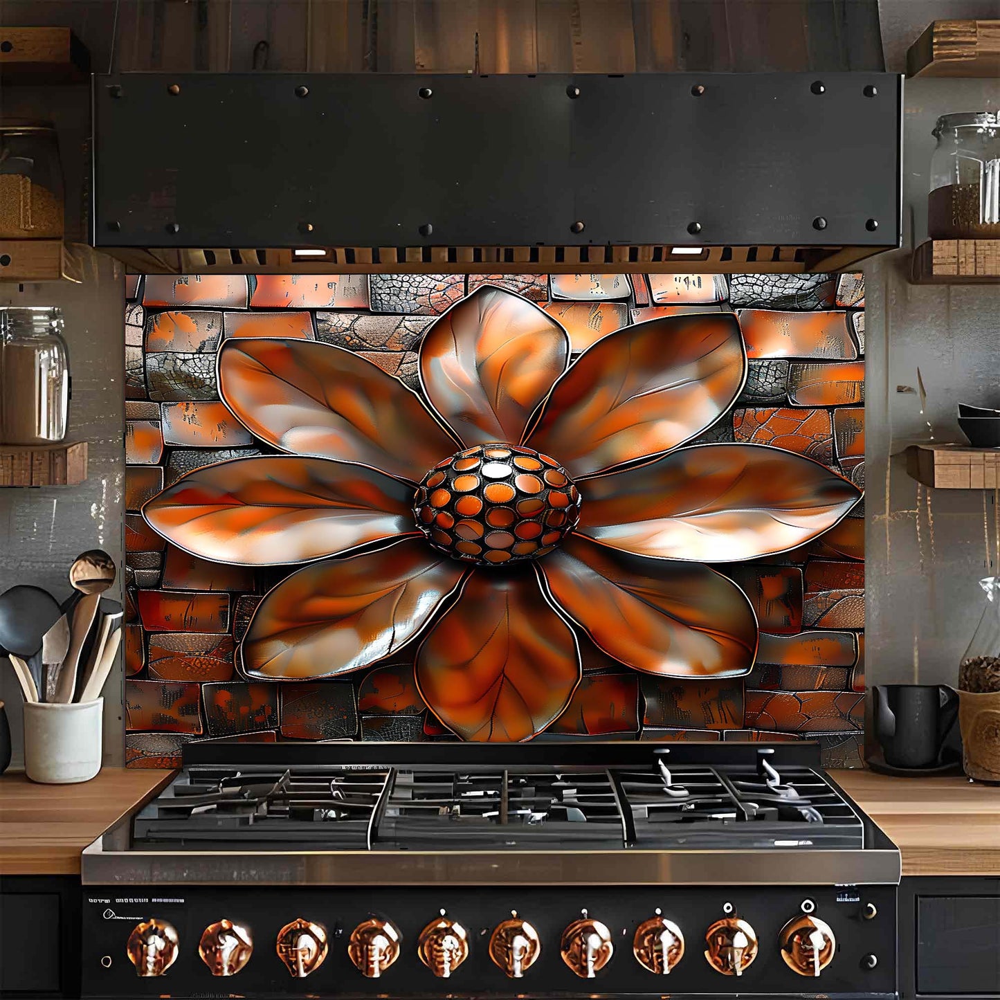 Decorative floral glass backsplash above a stove in a kitchen.