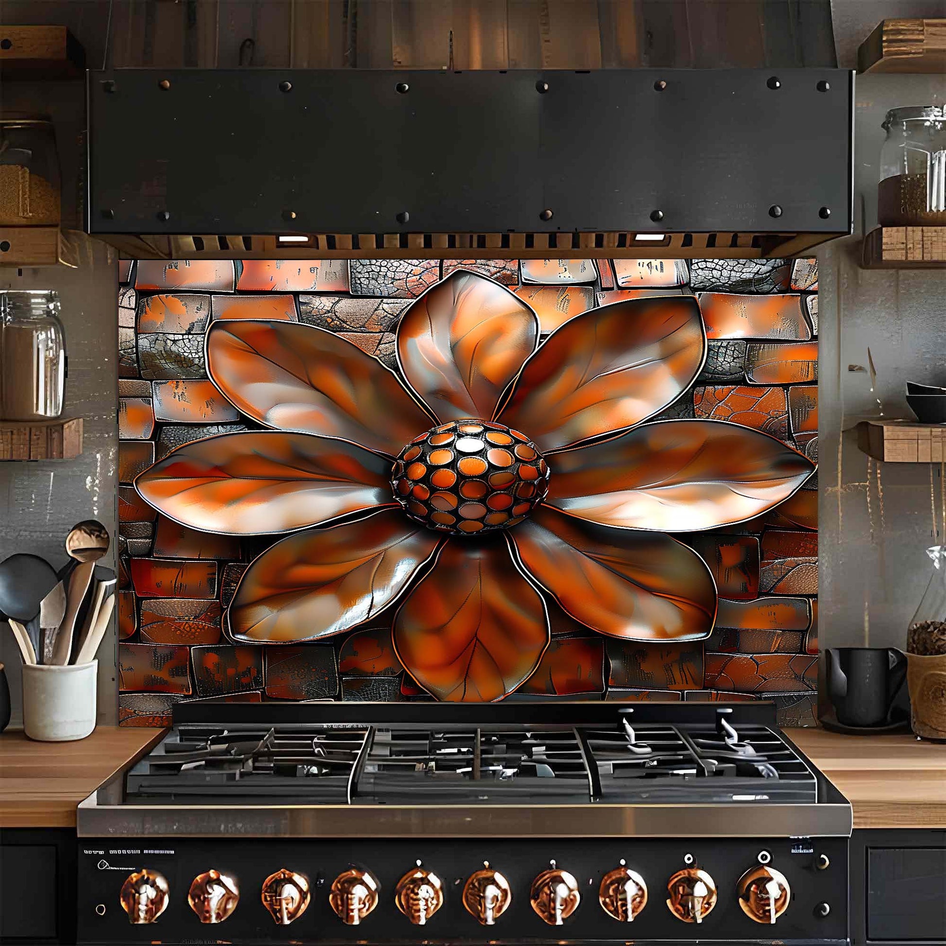 Decorative floral glass backsplash above a stove in a kitchen.