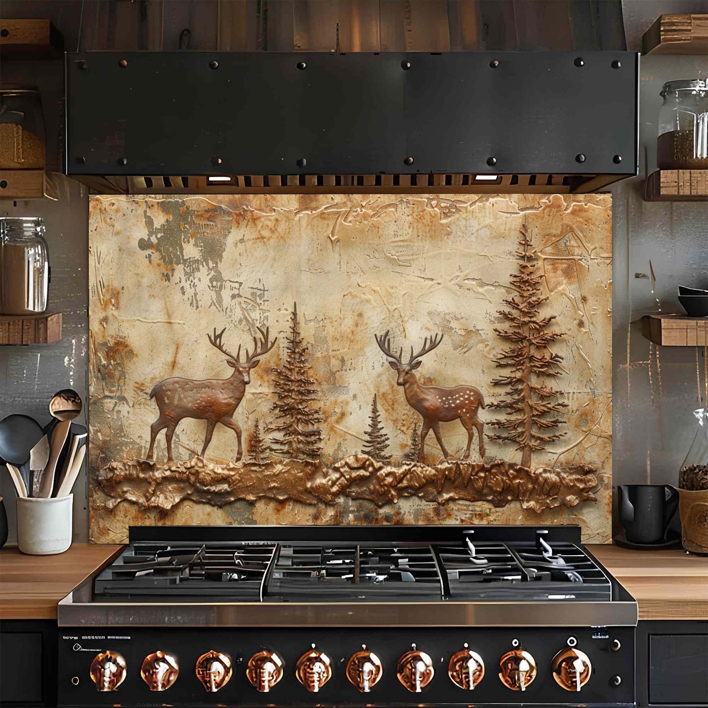 Rustic kitchen glass backsplash with two copper deer in forest. Durable tempered glass, heat-resistant & custom-sized.