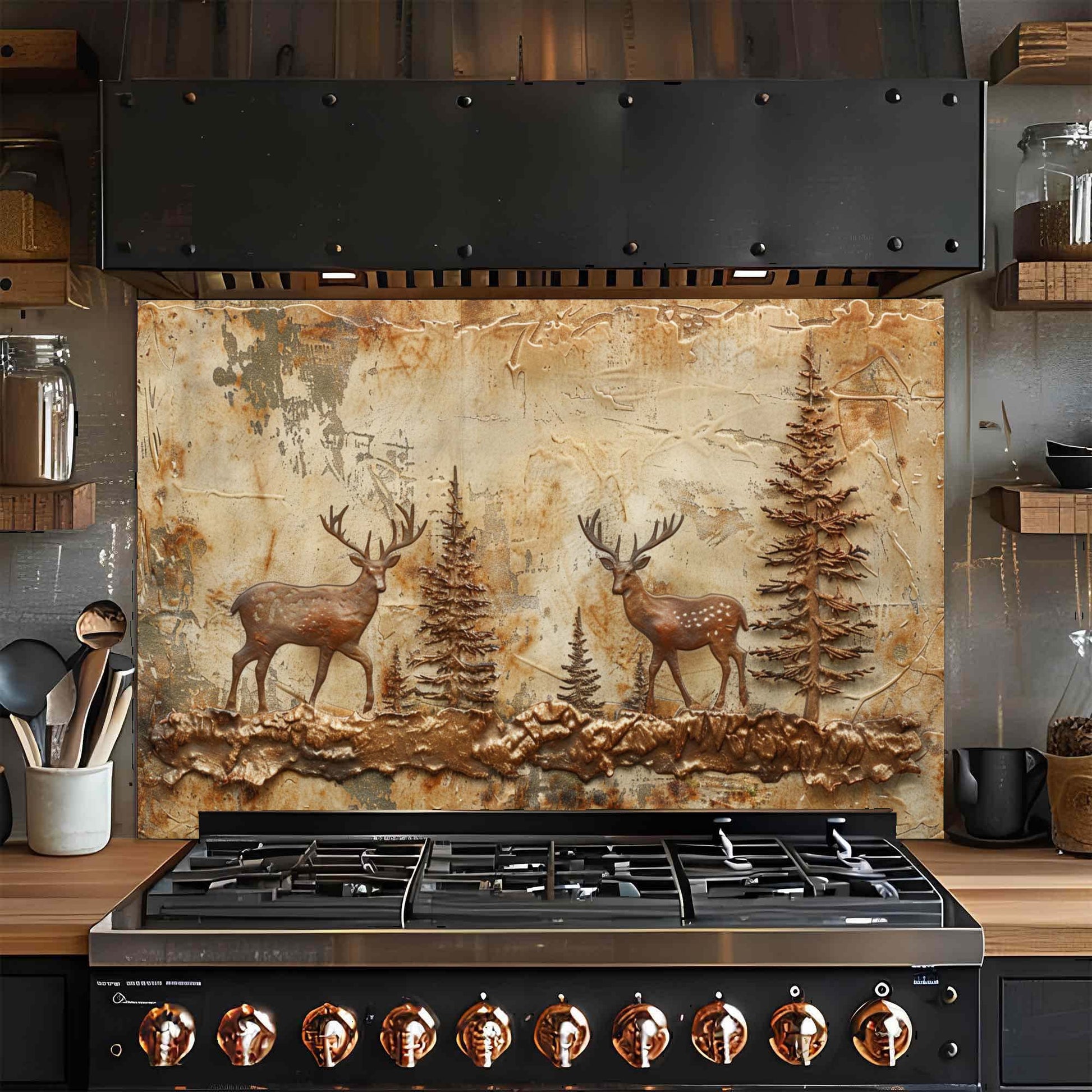 Rustic kitchen glass backsplash with two copper deer in forest. Durable tempered glass, heat-resistant & custom-sized.