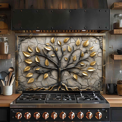 Decorative glass backsplash with a tree design above a stove in a kitchen.
