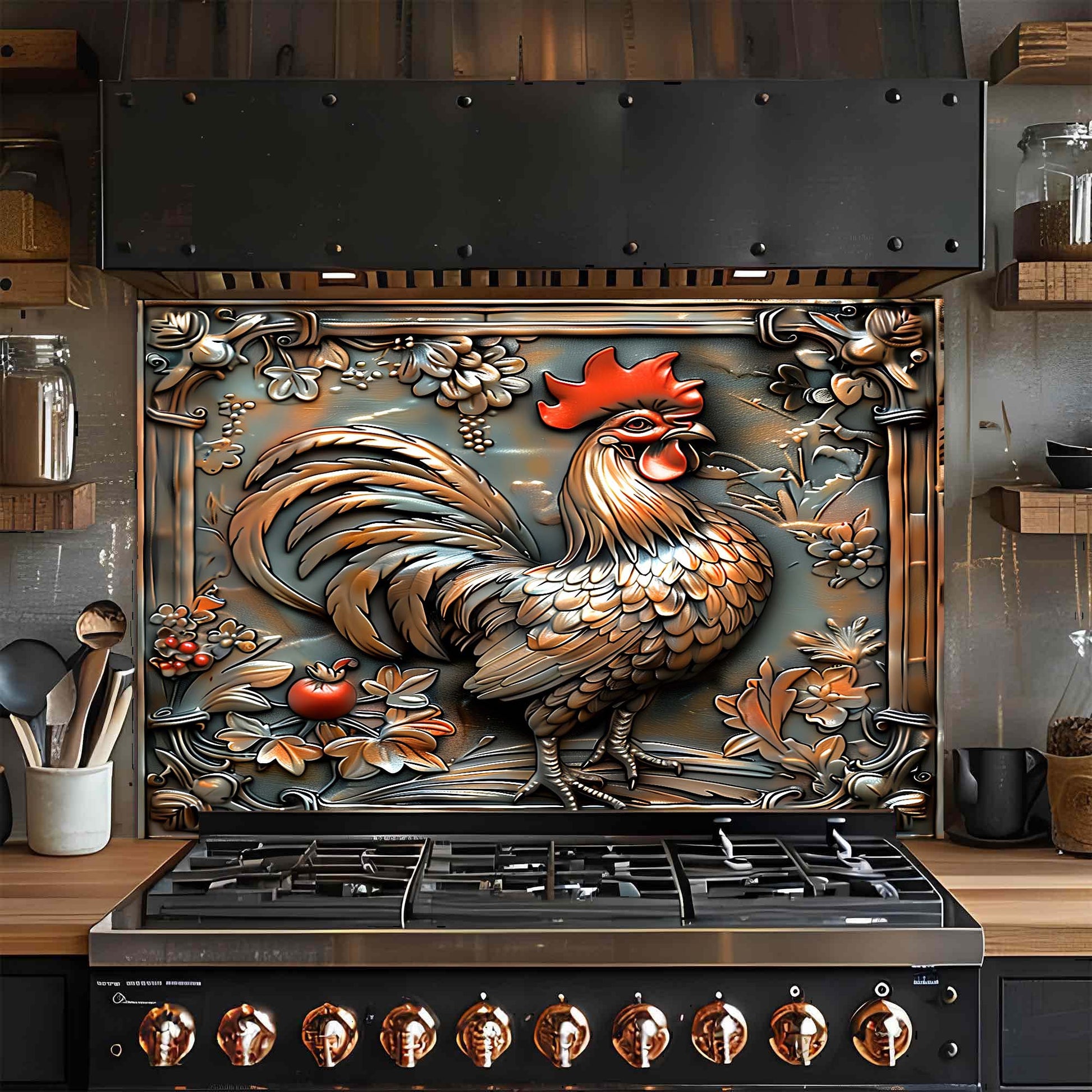Decorative glass backsplash of a rooster on a kitchen stove