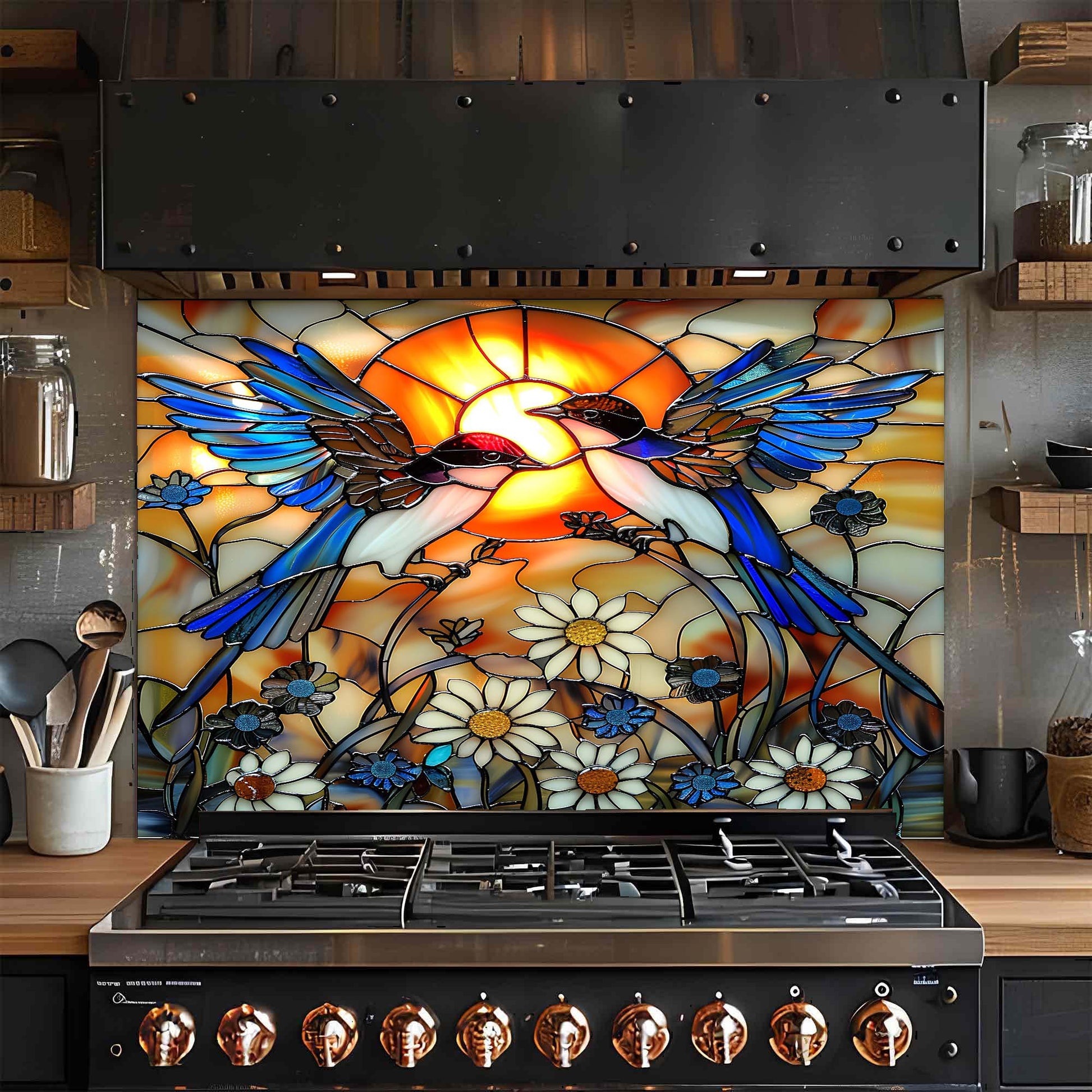 Stained glass backsplash with birds and flowers above a stove in a kitchen.