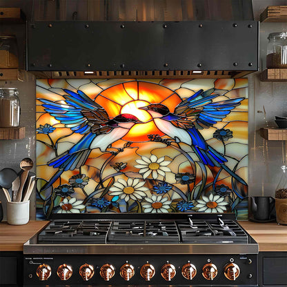 Stained glass backsplash with birds and flowers above a stove in a kitchen.