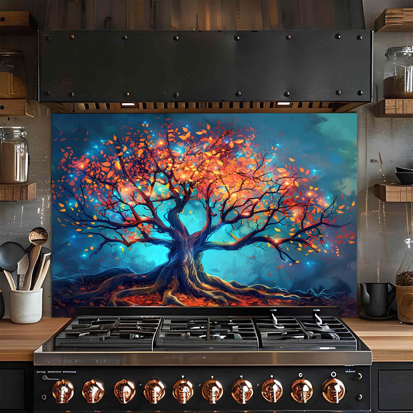 Stainless steel stove with a colorful tree backsplash above it in a kitchen setting.