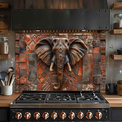 Stove with decorative elephant glass backsplash in a kitchen setting