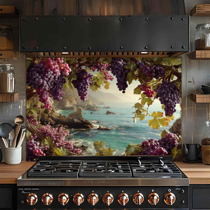 Mediterranean grapevine tempered glass backsplash with ocean view. Elegant stove panel for rustic or vineyard-style kitchens. Heat and stain-resistant.