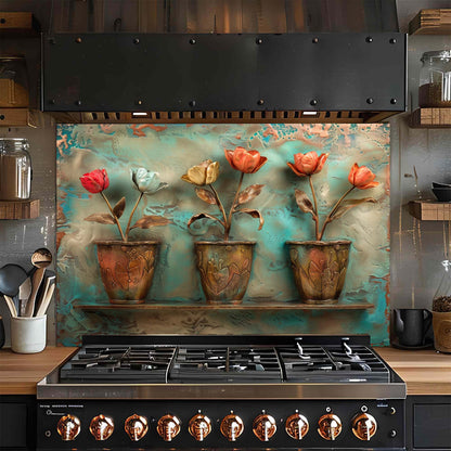 Stainless steel stove with decorative floral glass backsplash in a kitchen setting