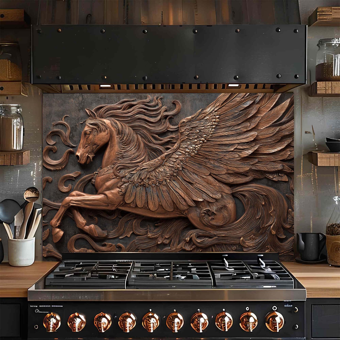 Stainless steel stove with bronze pegasus artwork on a glass backsplash in a kitchen setting.